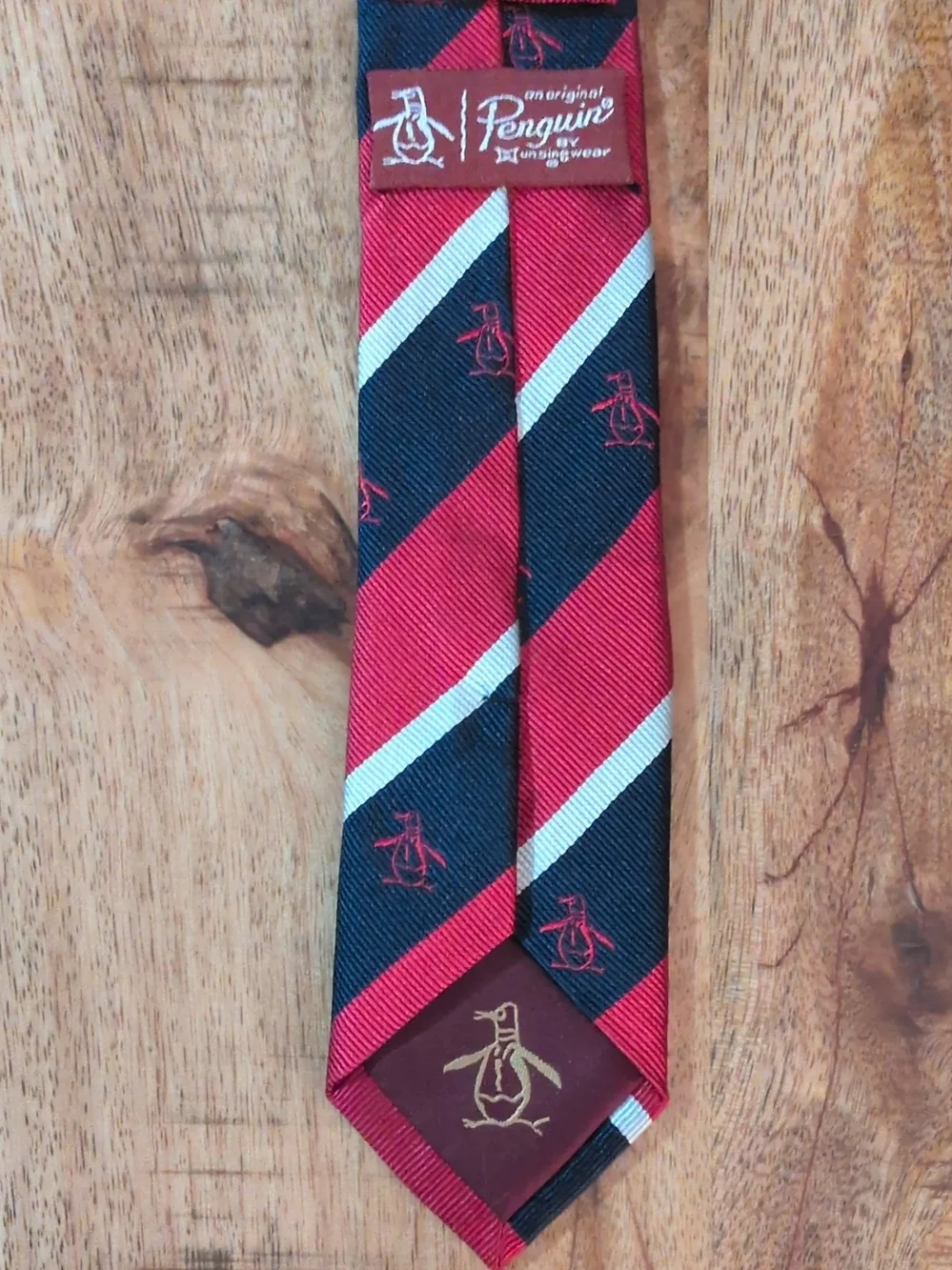 Original Penguin Skinny Silk Striped Tie Red Navy White Embroidered Logo